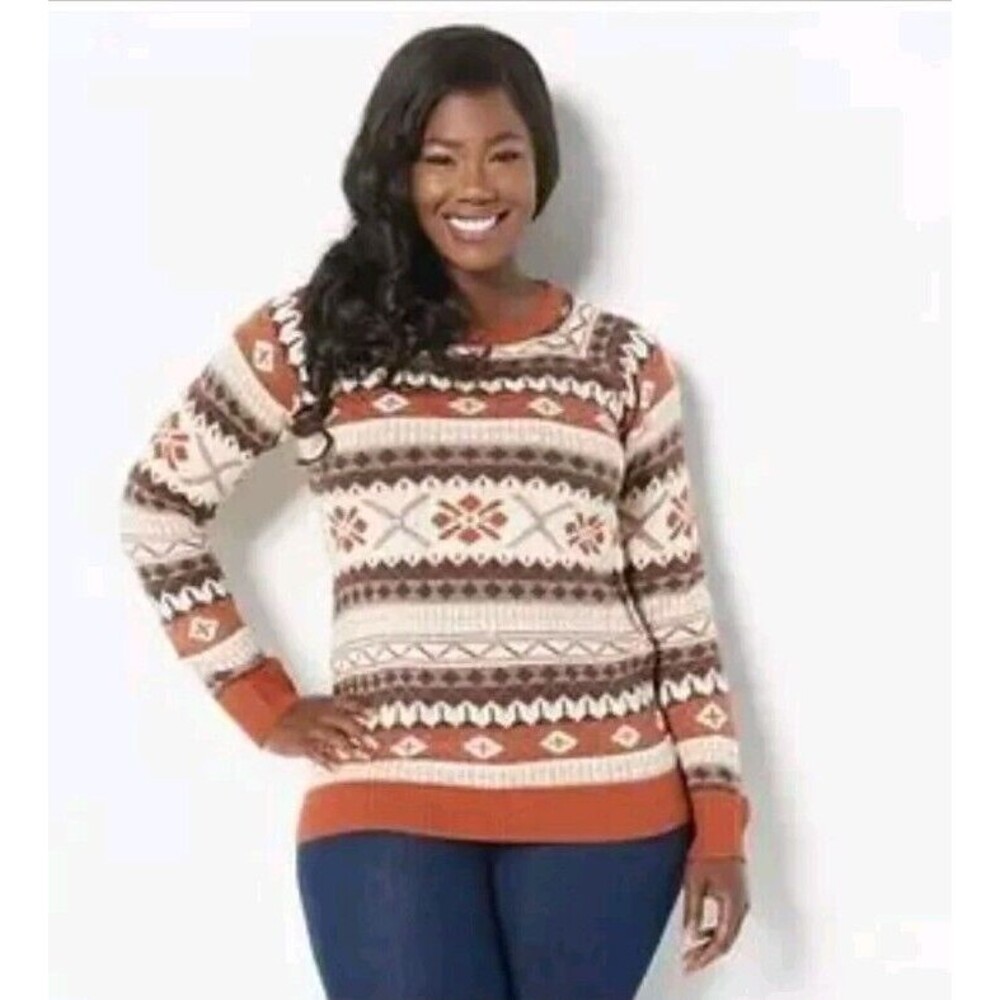 Attitudes by Renee Fair Isle Knit Sweater XS Brown White Orange Global Illusions